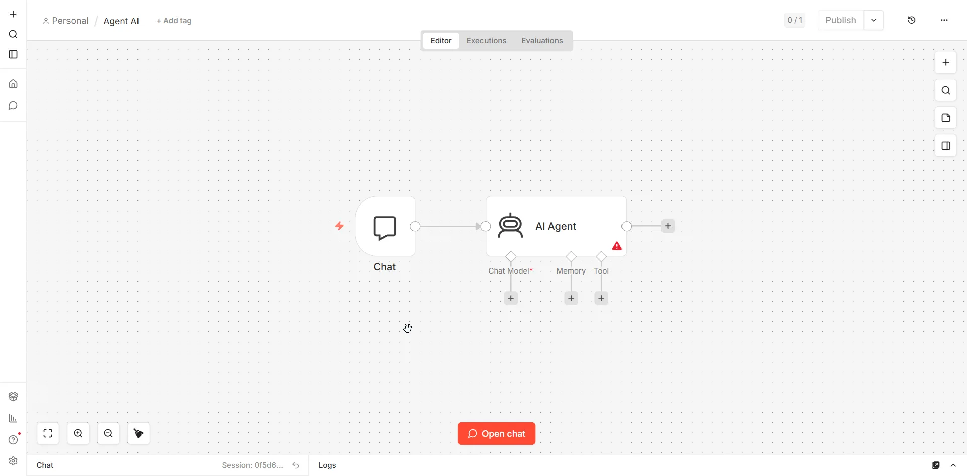 Agenci AI w n8n — pusty ai agent workflow z węzłami Chat i AI Agent