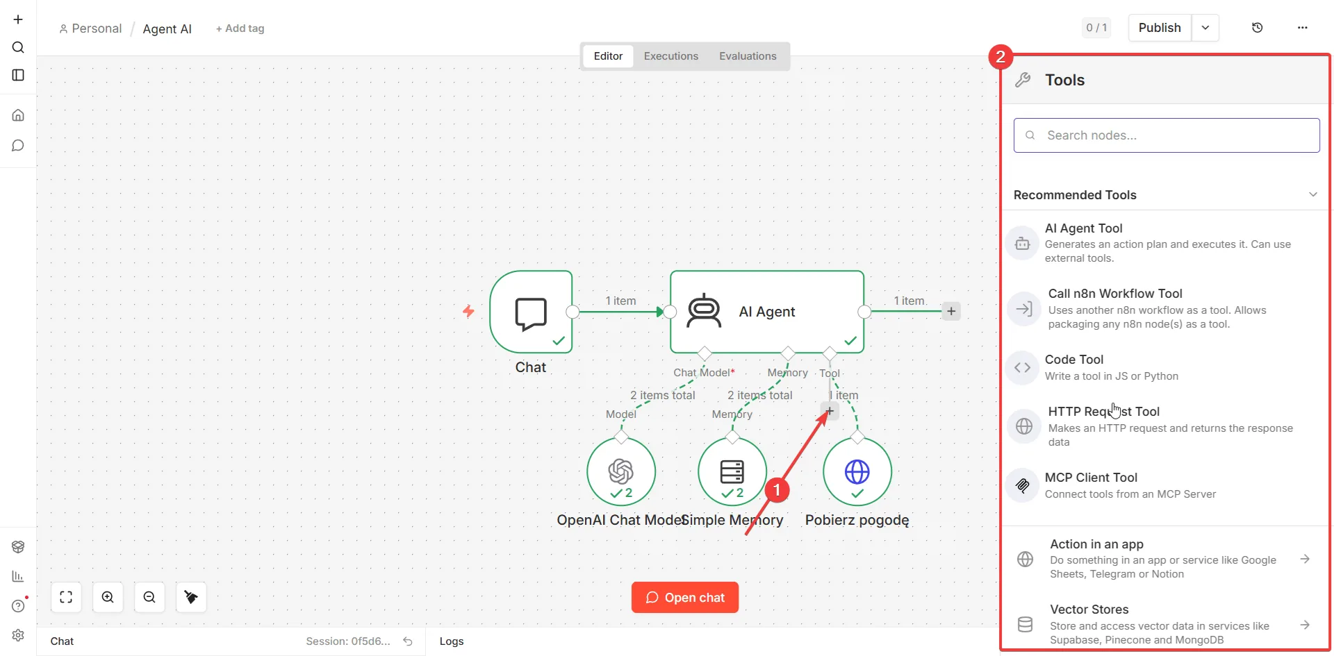 AI agent workflow — dodawanie narzędzia HTTP Request do agenta