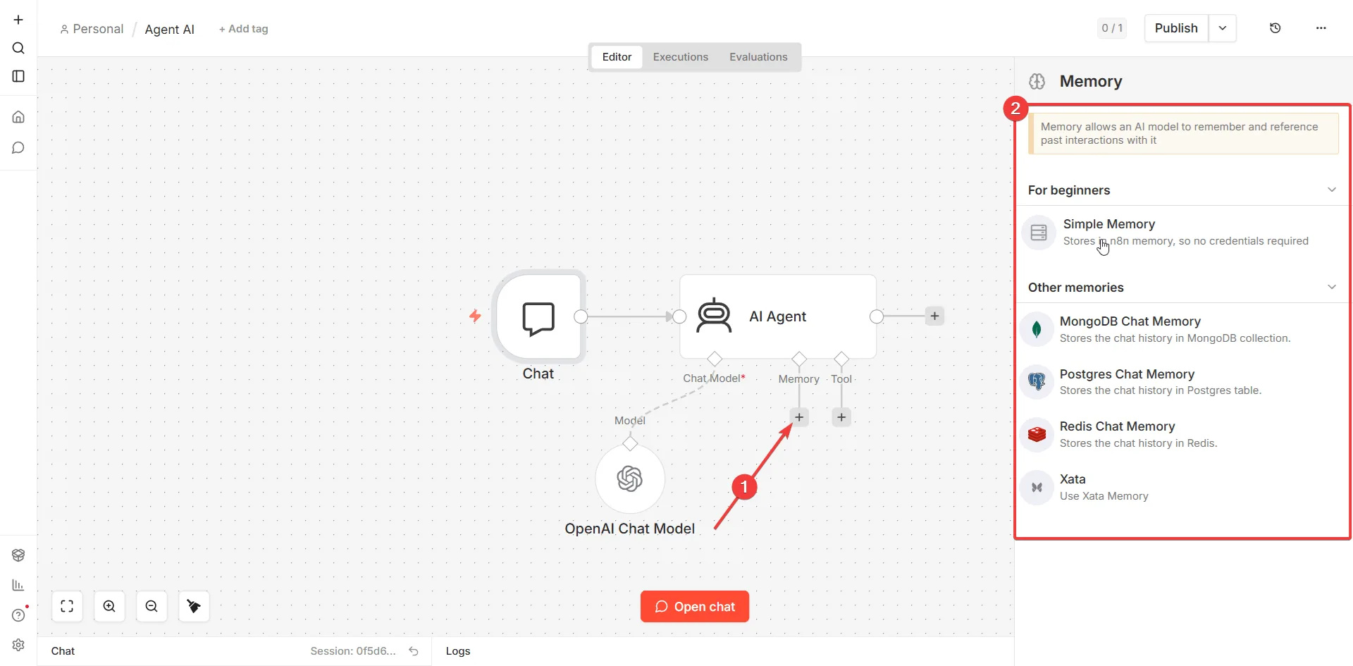 Autonomiczny AI — dodawanie pamięci Simple Memory do agenta n8n
