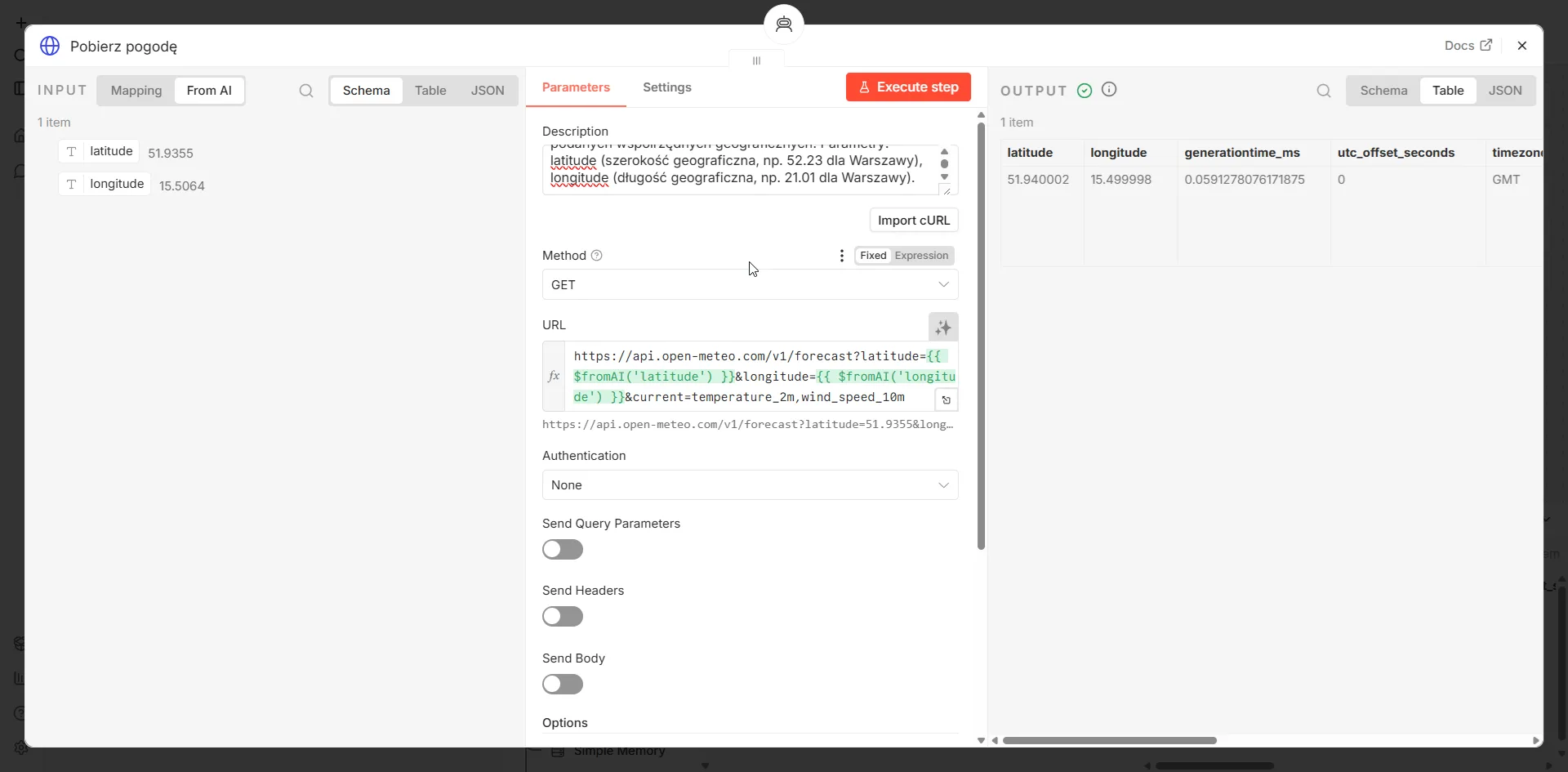 Autonomiczny AI — konfiguracja HTTP Request z API pogodowym w n8n