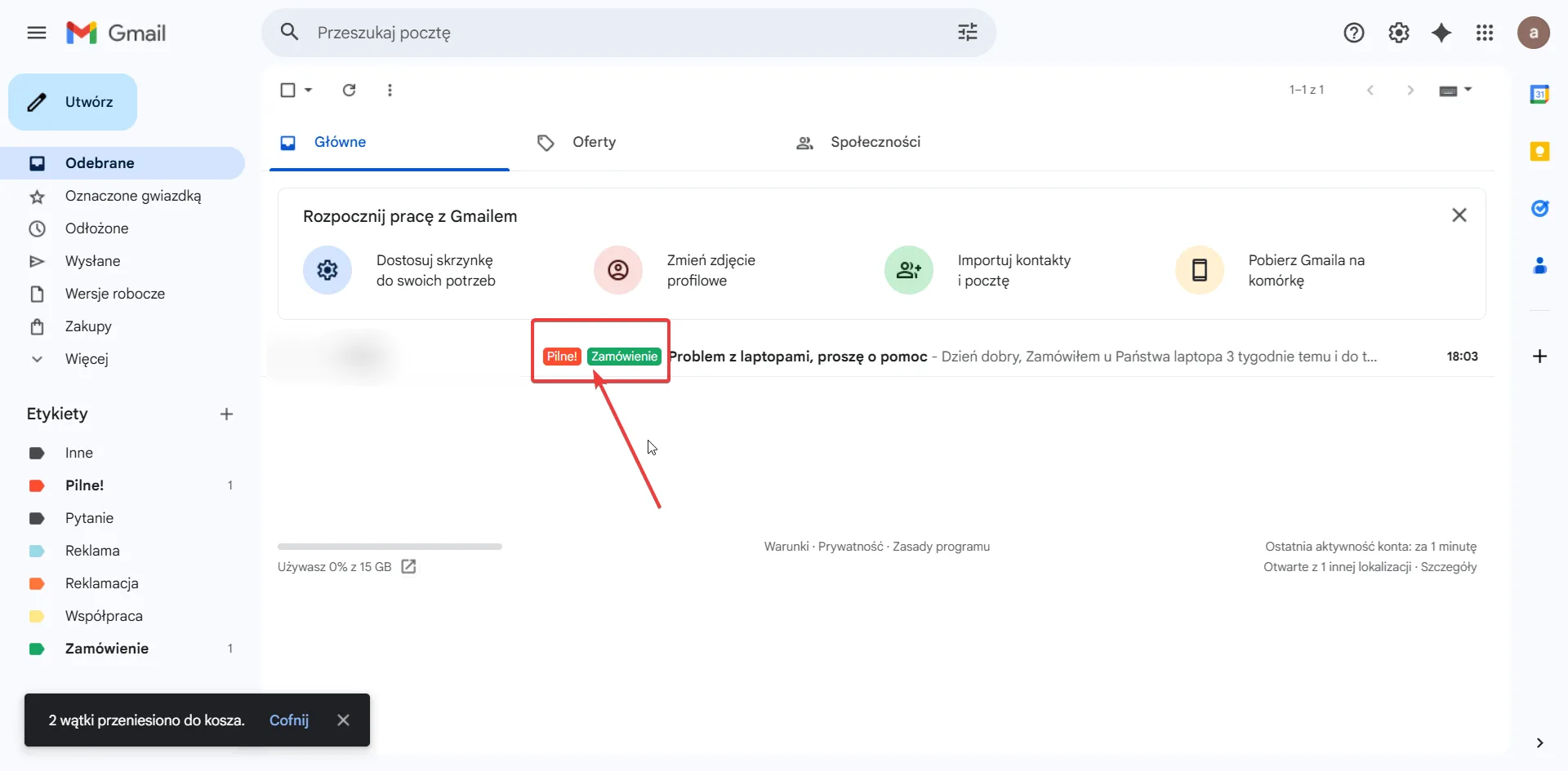 Gmail - skrzynka z mailem oznaczonym etykietami Pilne! i Zamówienie