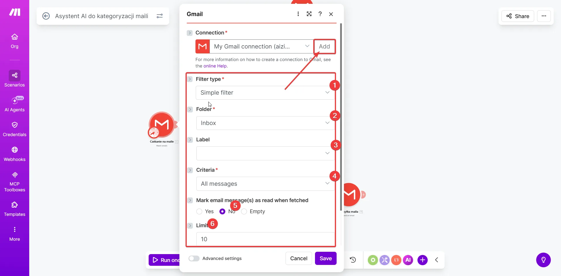 Konfiguracja modułu Gmail Watch Emails - folder Inbox, kryteria All messages, limit 10