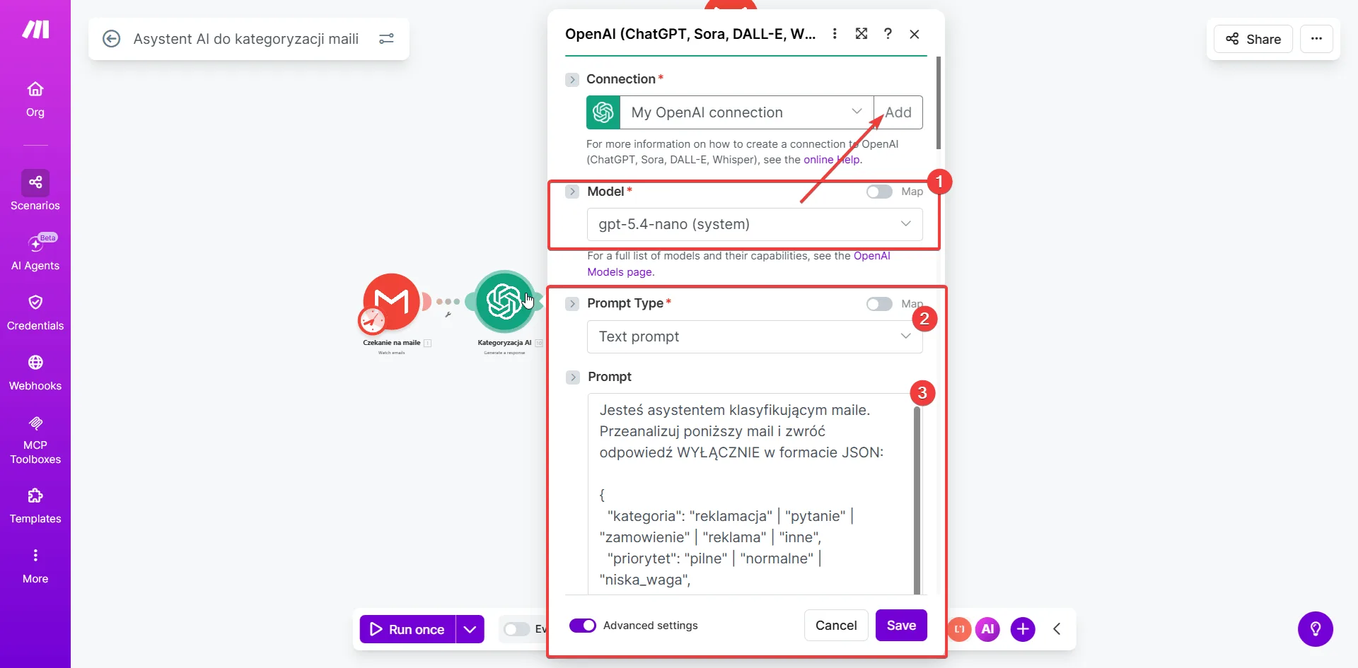 Konfiguracja modułu OpenAI - model gpt-5.4-nano, Prompt Type: Text prompt