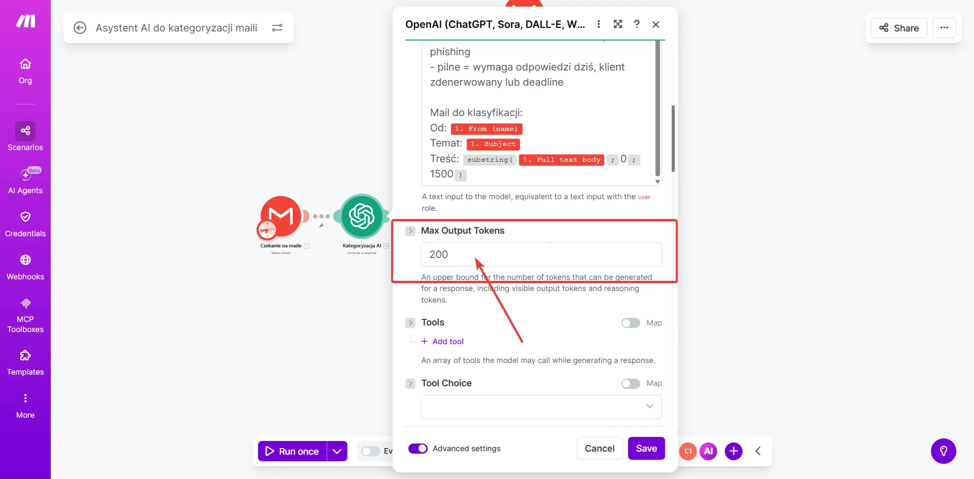Konfiguracja OpenAI - widok promptu z mapowanymi polami Gmail i ustawienie Max Output Tokens: 200
