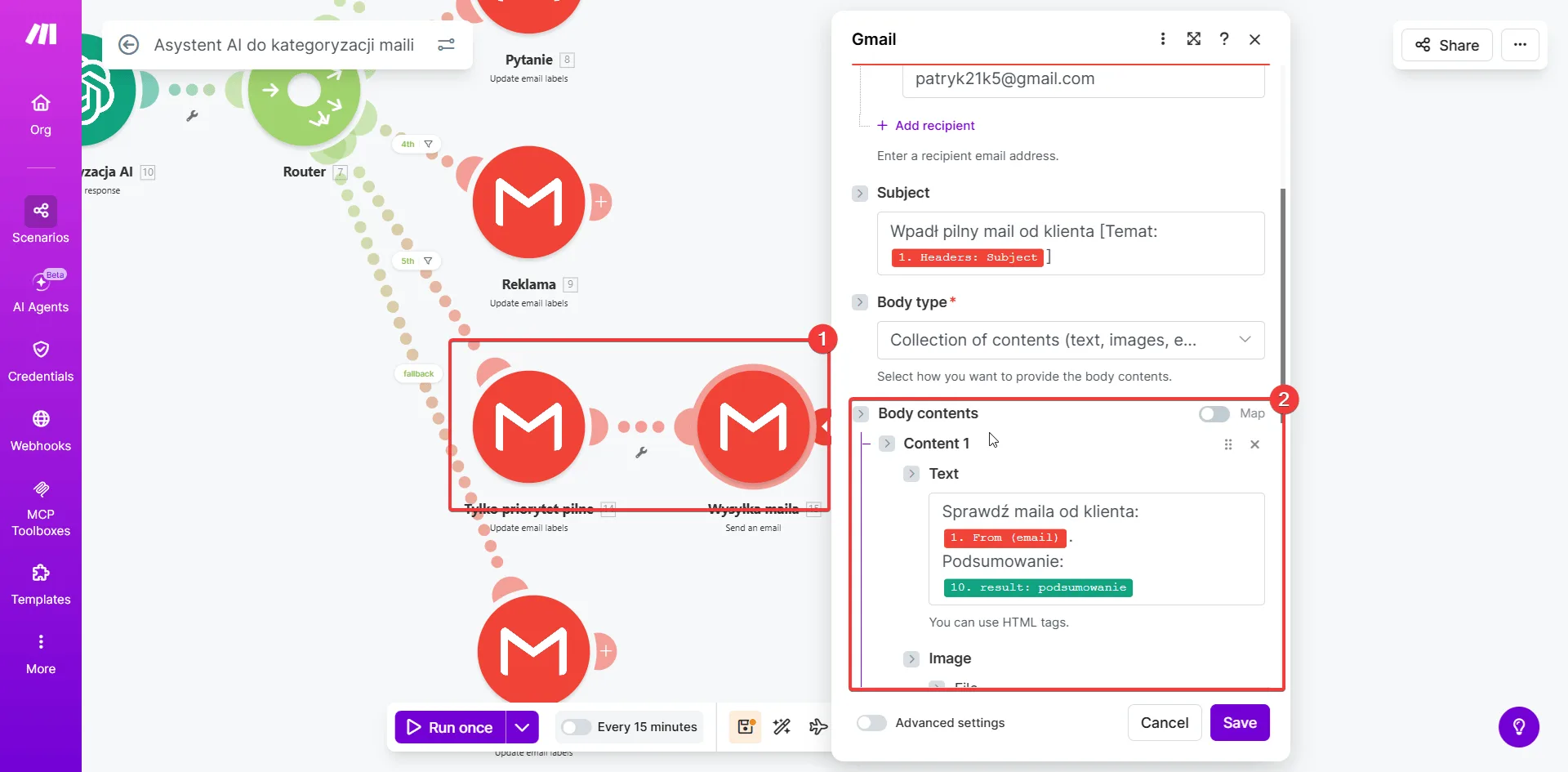 Make.com - Gmail Send an email z mapowanymi polami: temat, treść z podsumowaniem AI