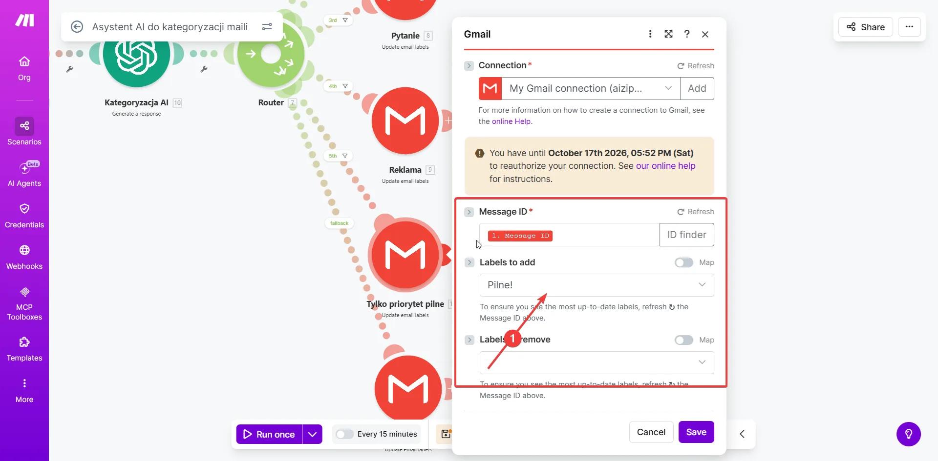 Make.com - Gmail Update email labels z etykietą Pilne! dla ścieżki priorytetowej