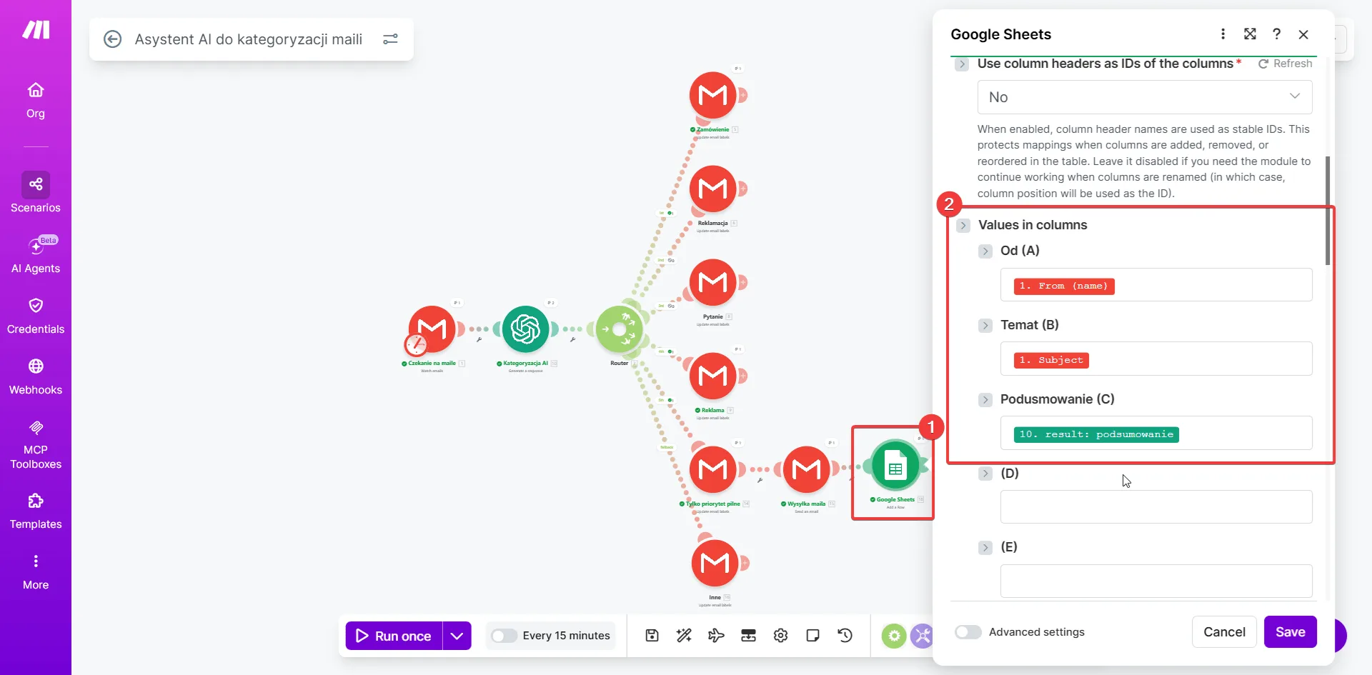 Make.com - Google Sheets moduł z mapowanymi kolumnami: Od, Temat, Podsumowanie
