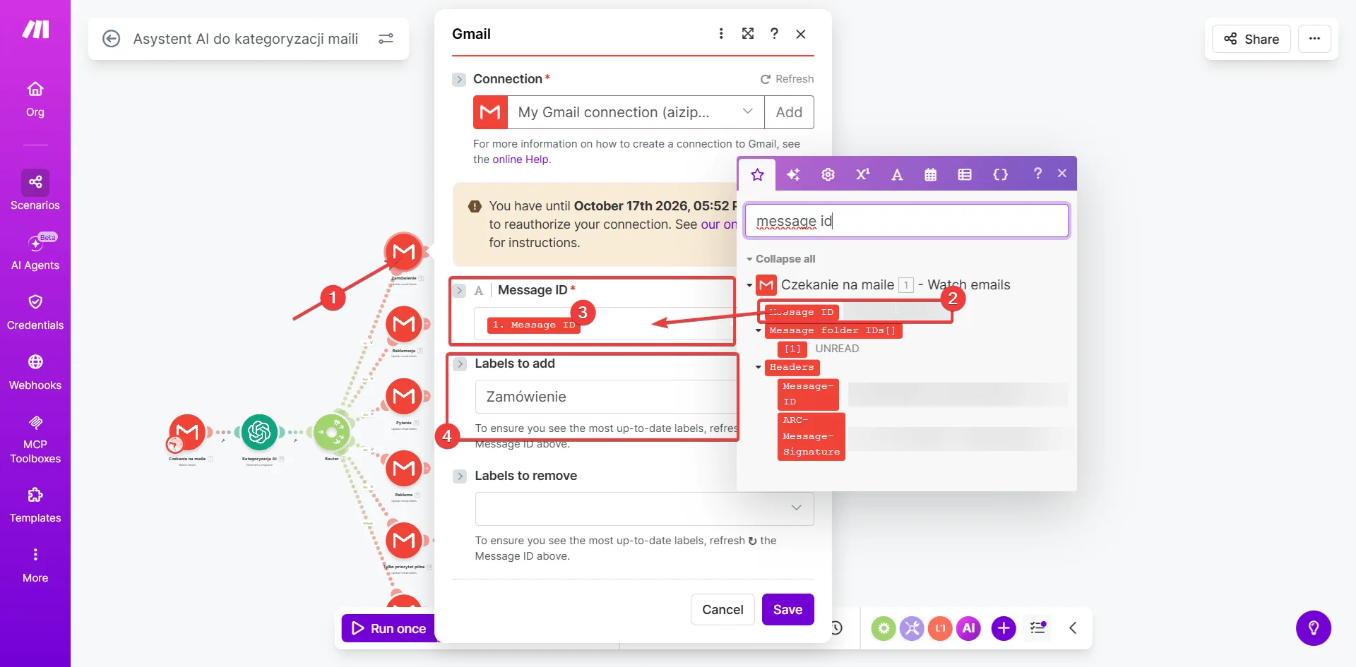 Make.com - moduł Gmail Update email labels z wybraną etykietą Zamówienie