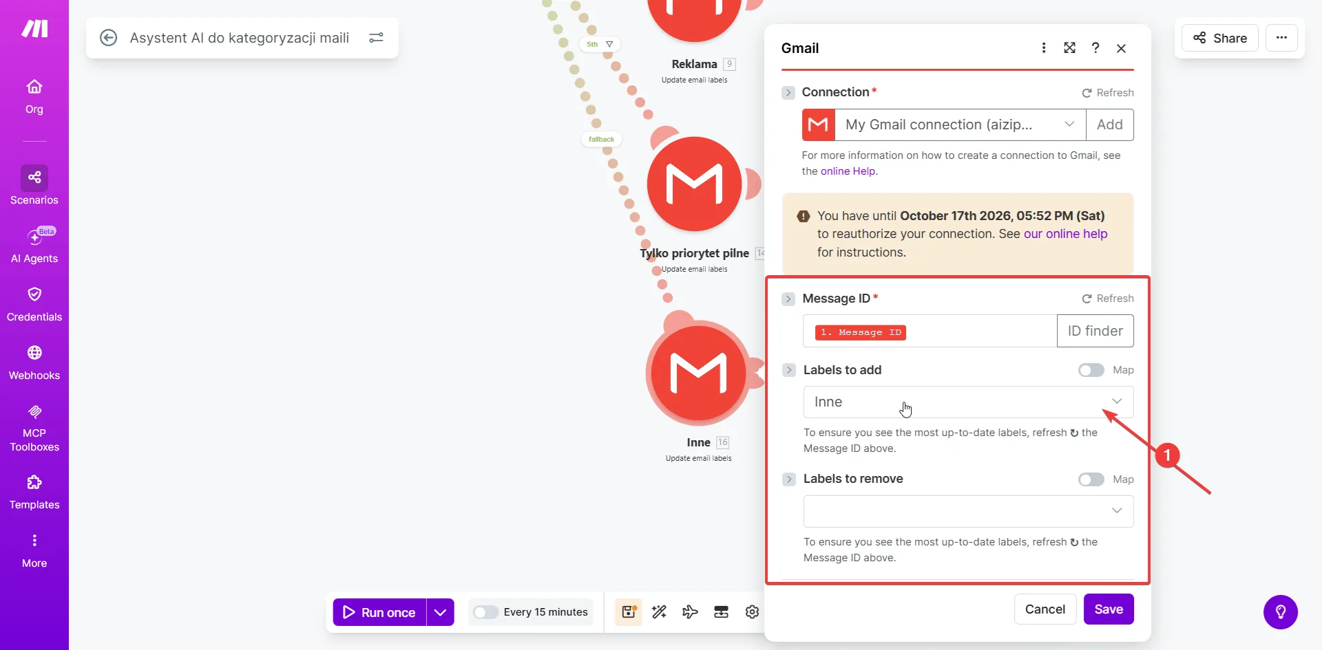 Make.com - moduł Gmail Update email labels z wybraną etykietą Inne