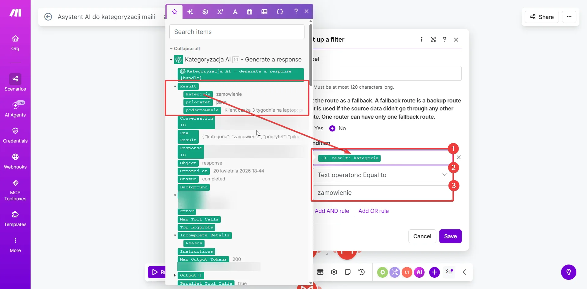 Make.com - okno Set up a filter z warunkiem: kategoria Equal to zamówienie