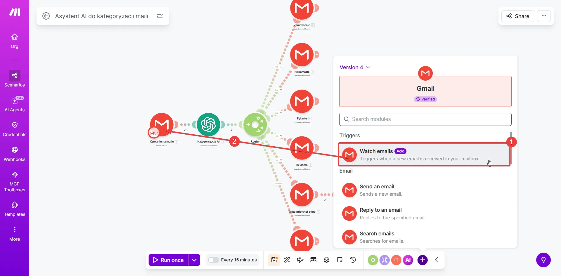 Make.com - panel wyboru modułu Gmail z zaznaczonym triggerem Watch emails