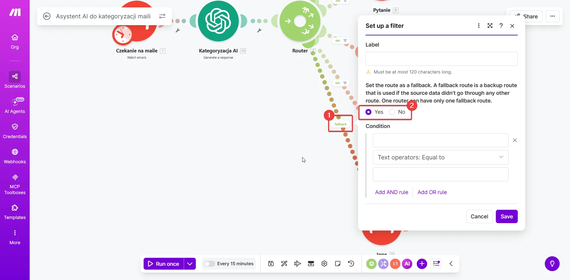 Make.com - ścieżka fallback Routera bez ustawionego filtra - łapie wszystkie pozostałe maile