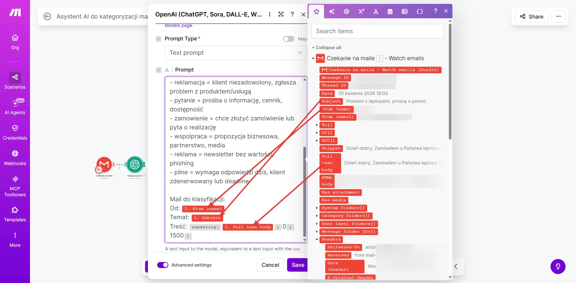 Pełny widok promptu OpenAI z mapowanymi zmiennymi Gmail - Od, Temat, Treść