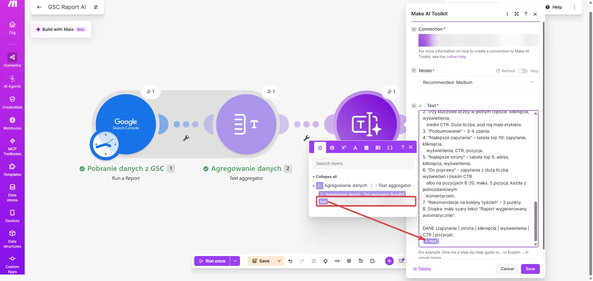 Make.com - prompt w Make AI Toolkit z sekcją DANE i zmienną 2. text z Text aggregatora wybraną w panelu zmiennych