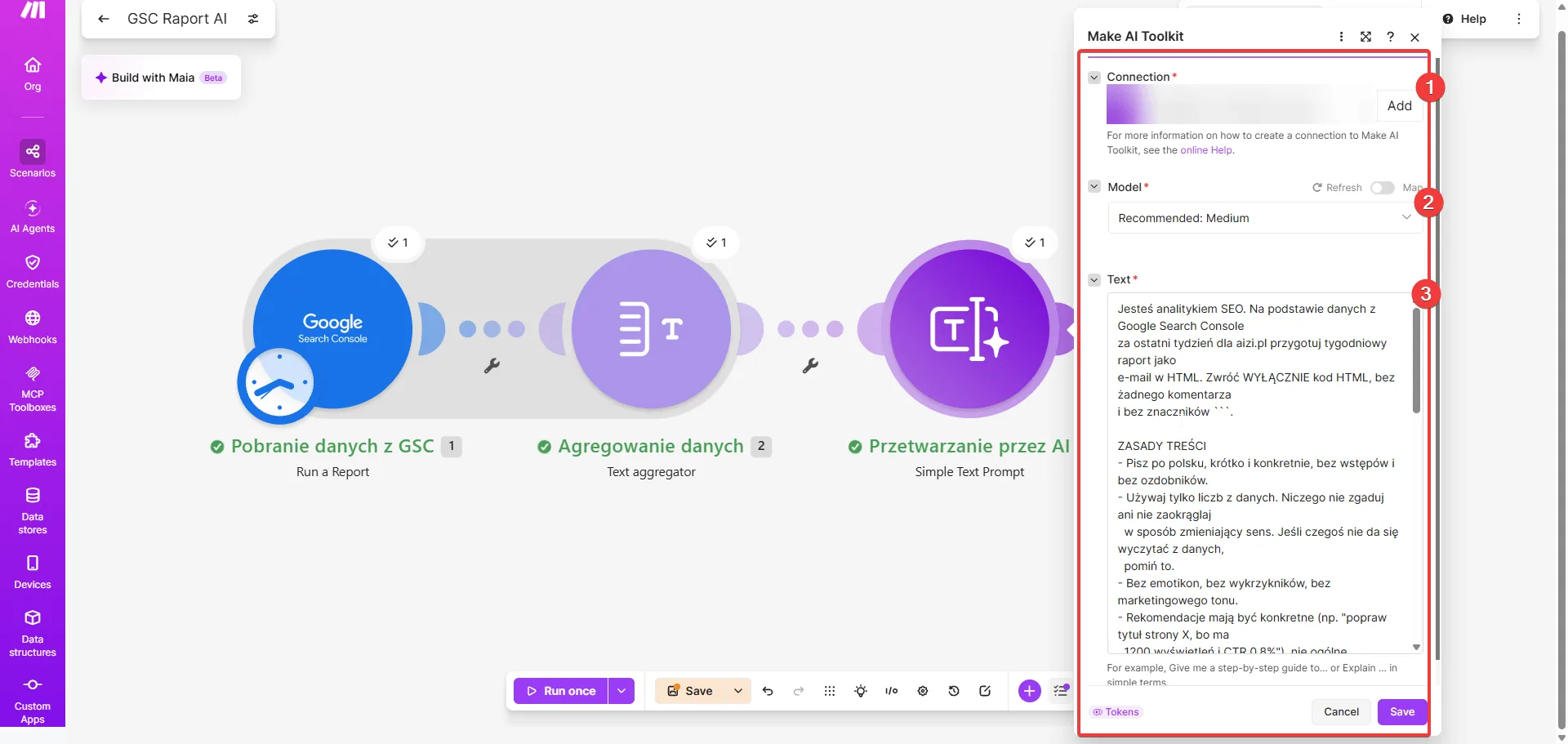 Make.com - moduł Make AI Toolkit Simple Text Prompt: Connection, Model Recommended: Medium, pole Text z promptem analityka SEO