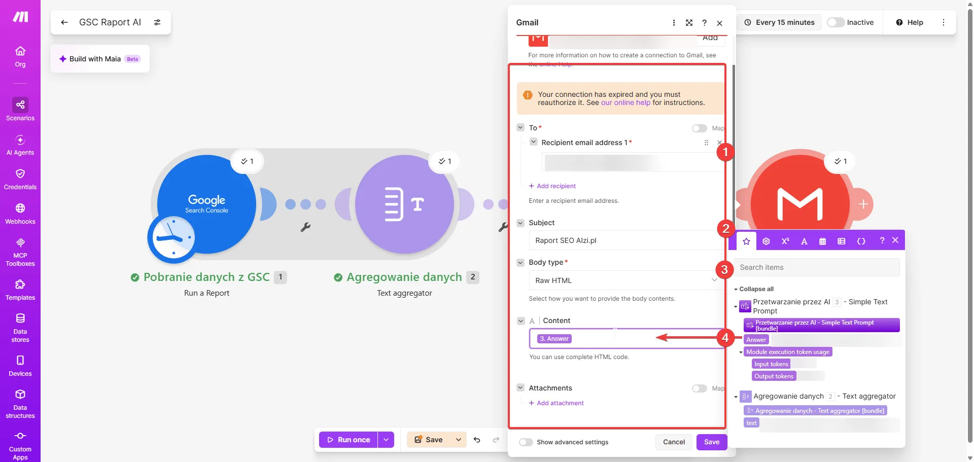 Make.com - moduł Gmail Send an email: odbiorca, Subject Raport SEO AIzi.pl, Body type Raw HTML, Content 3. Answer z modułu AI; widoczny komunikat o wygasłym połączeniu
