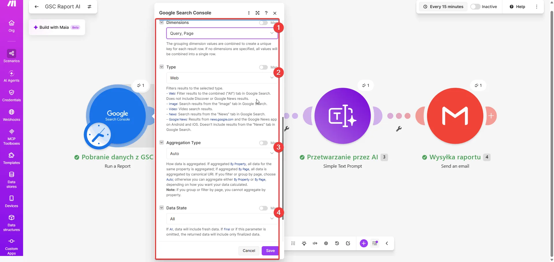 Make.com - ustawienia Run a Report: Dimensions Query, Page, Type Web, Aggregation Type Auto, Data State All