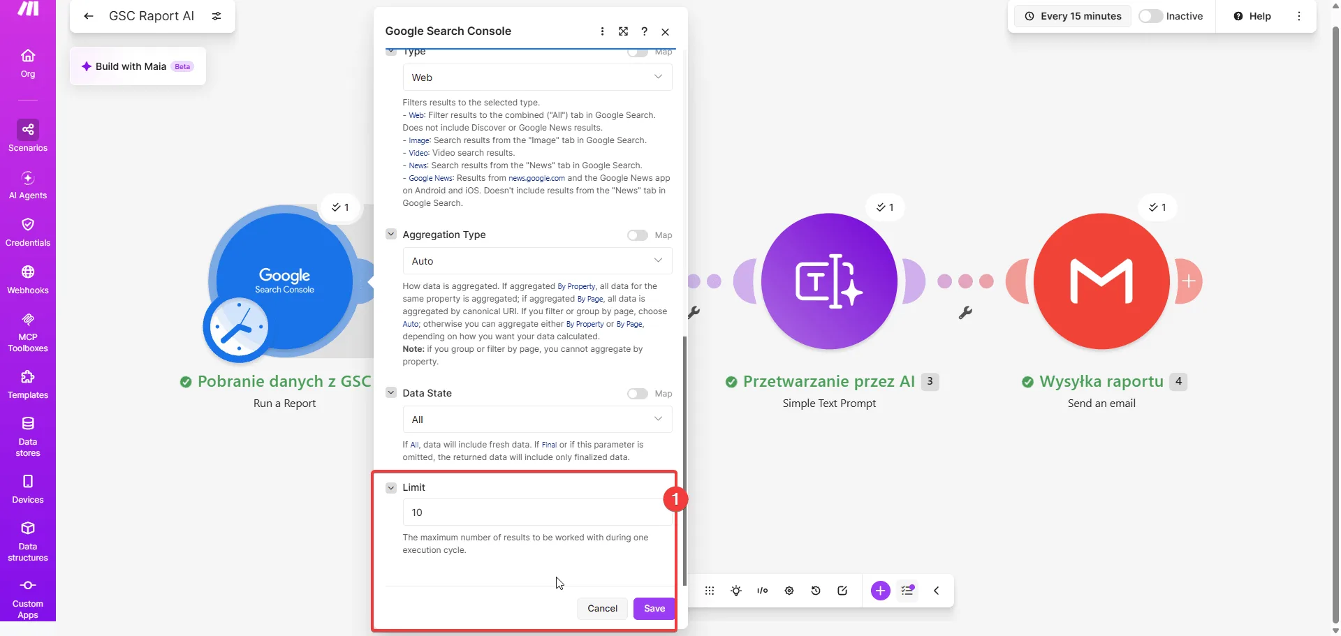 Make.com - pole Limit w module Run a Report ustawione na 10