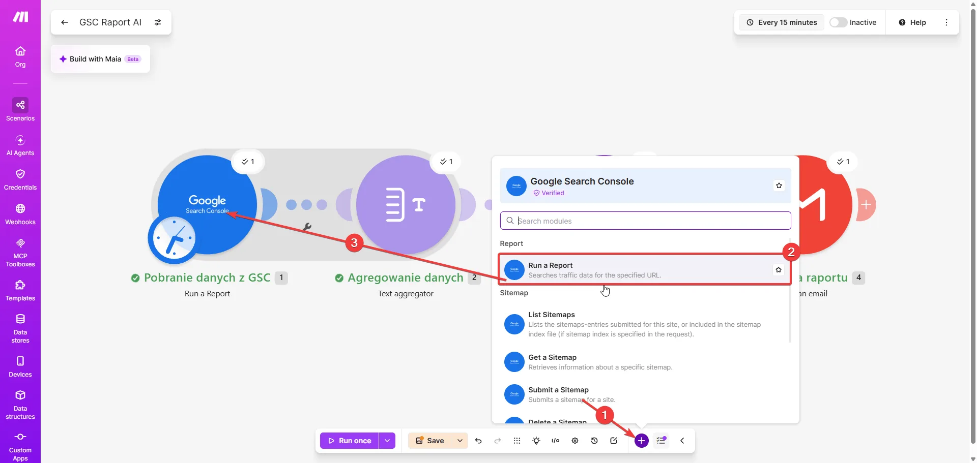 Make.com - lista modułów Google Search Console: Run a Report w sekcji Report oraz List Sitemaps, Get a Sitemap, Submit a Sitemap w sekcji Sitemap