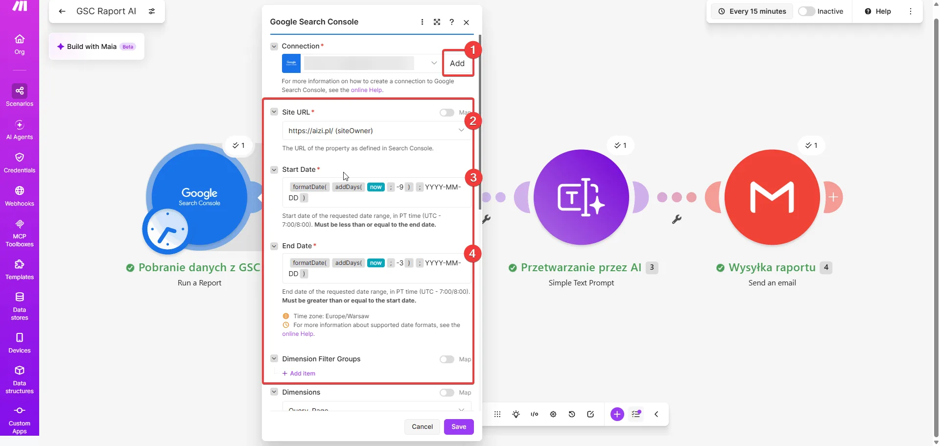 Make.com - moduł Google Search Console Run a Report: Connection z przyciskiem Add, Site URL https://aizi.pl/, Start Date formatDate(addDays(now; -9)), End Date formatDate(addDays(now; -3))