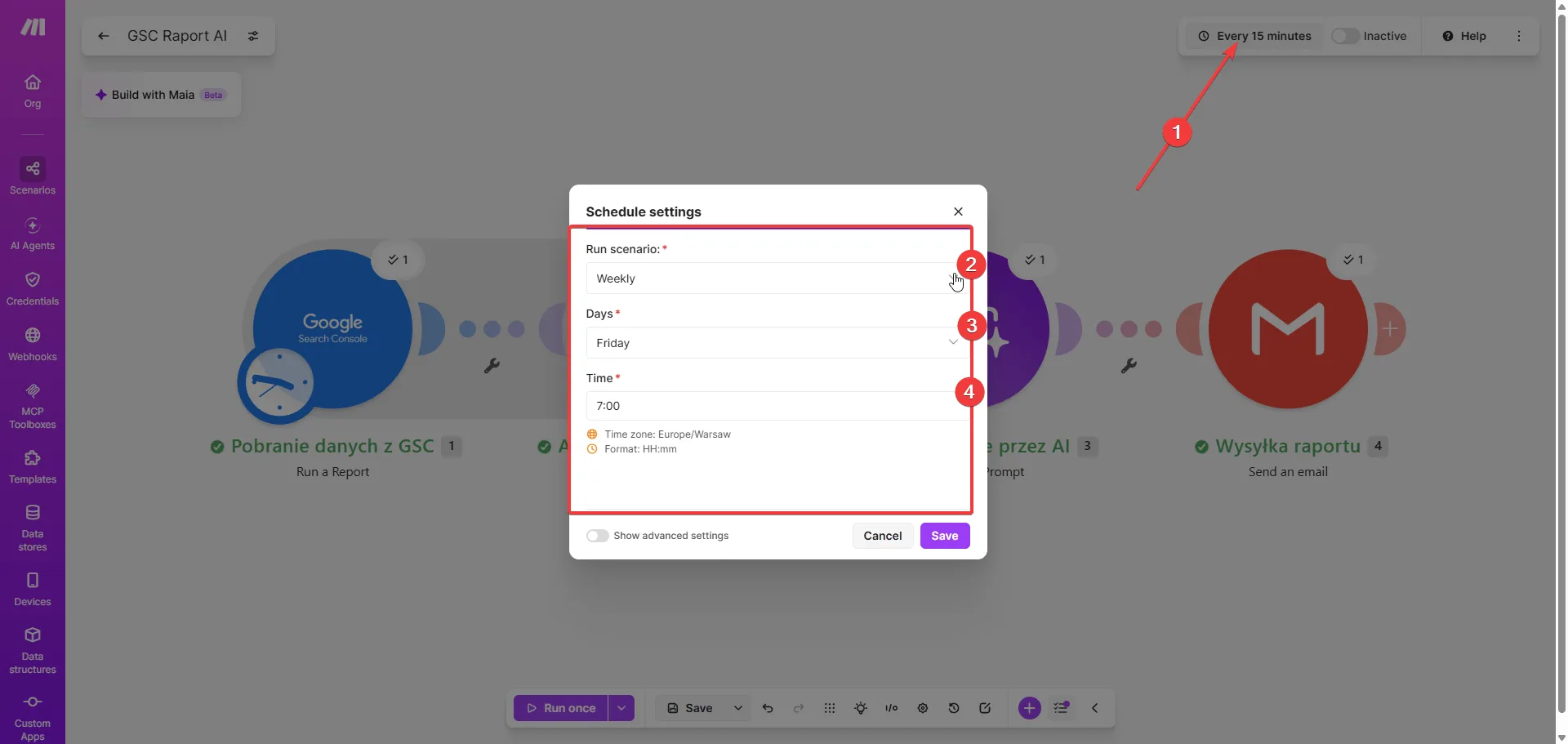 Make.com - Schedule settings: Run scenario Weekly, Days Friday, Time 7:00, strefa czasowa Europe/Warsaw