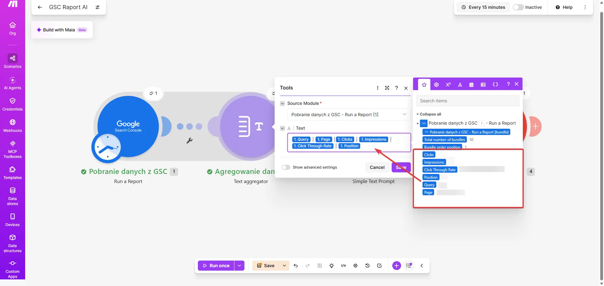 Make.com - Text aggregator: Source Module Pobranie danych z GSC, pole Text ze zmiennymi Query, Page, Clicks, Impressions, Click Through Rate, Position rozdzielonymi pionową kreską