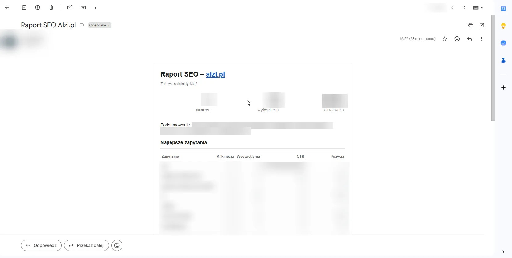 Gmail - automatyczny raport SEO dla aizi.pl wygenerowany przez AI: kliknięcia, wyświetlenia, CTR, podsumowanie i tabela najlepszych zapytań z Google Search Console