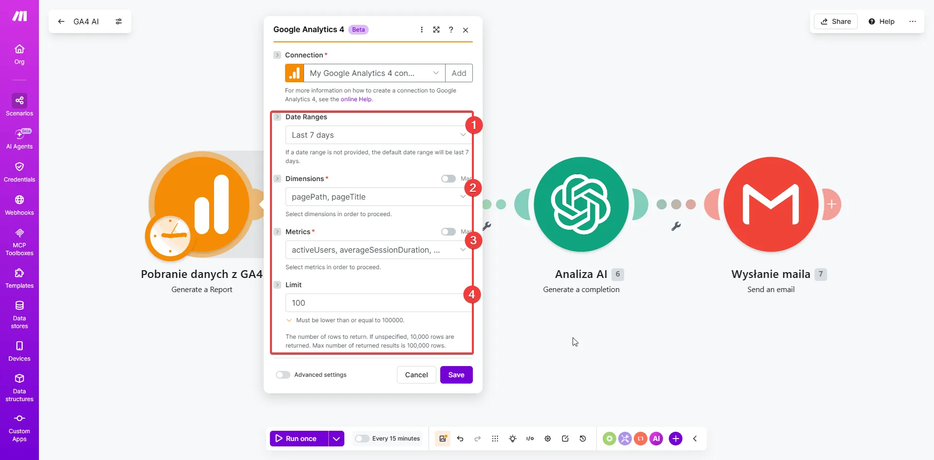 Make.com - konfiguracja modułu Google Analytics 4: Date Range Last 7 days, Dimensions pagePath i pageTitle, Metrics Sessions Active users Views Bounce rate Average session duration, Limit 100