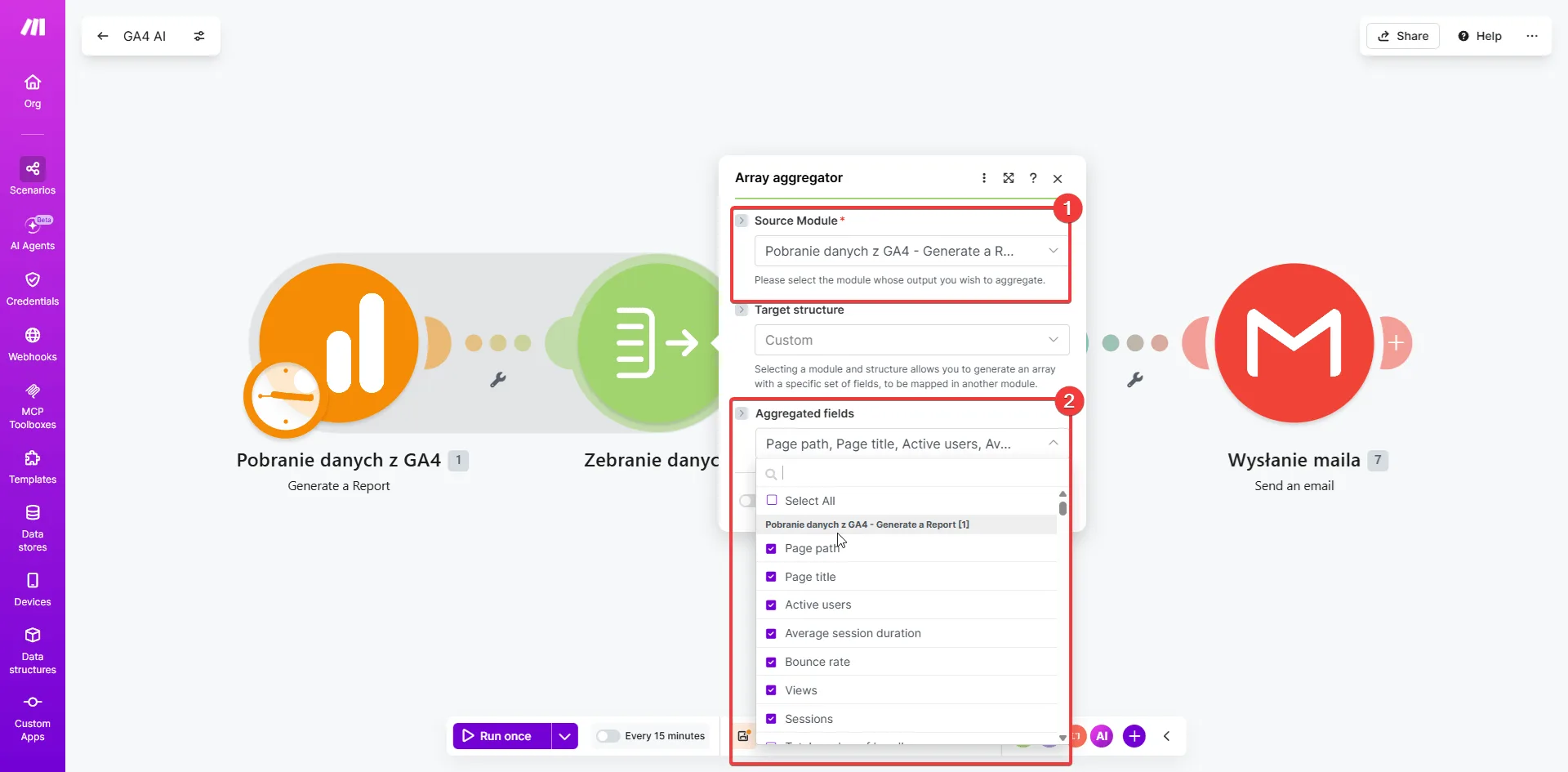 Make.com - moduł Array Aggregator: Source Module ustawiony na GA4, lista Aggregated fields z zaznaczonymi Page path, Page title, Active users, Average session duration, Bounce rate, Views, Sessions