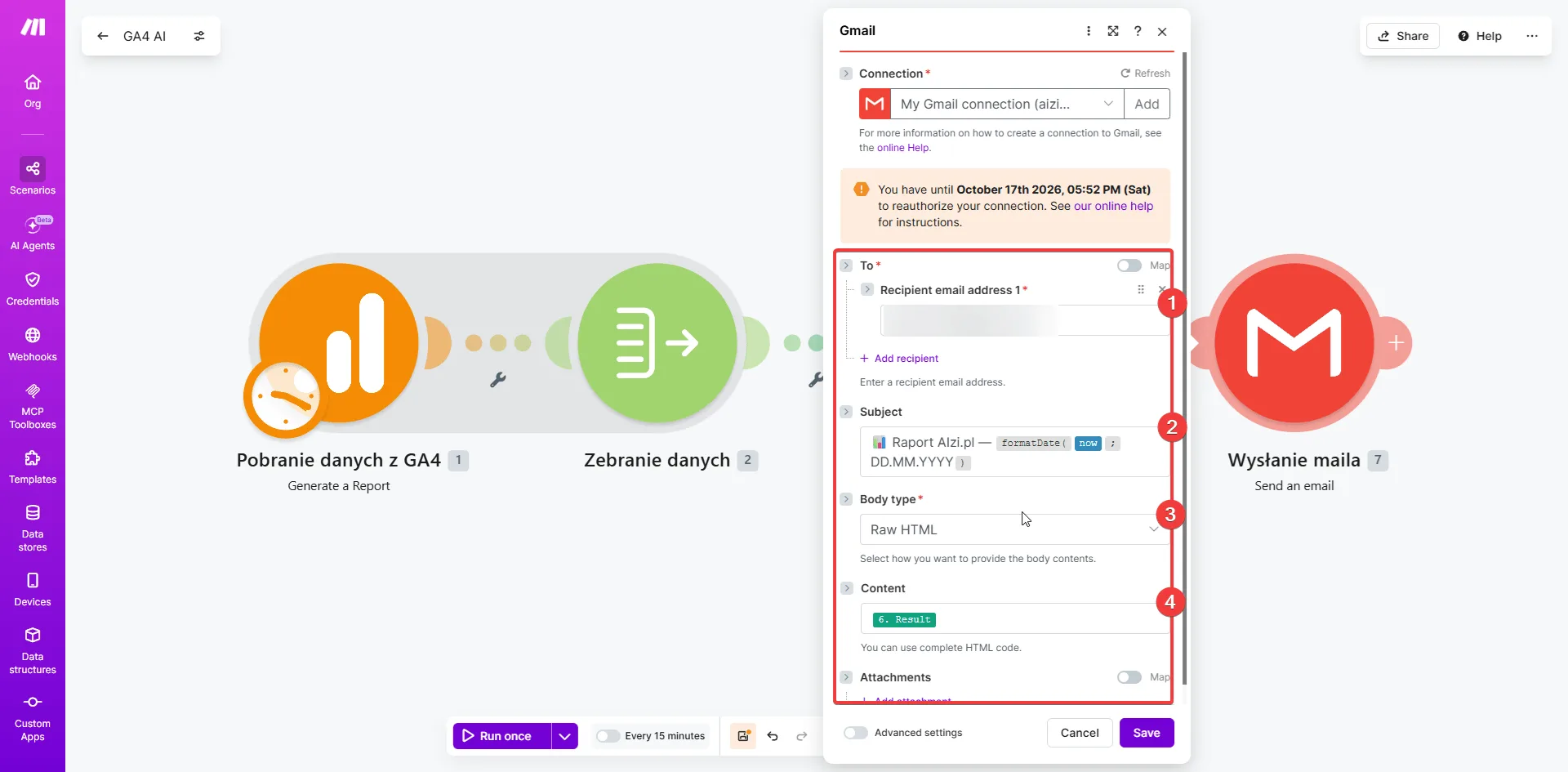 Make.com - moduł Gmail Send an Email: Connection konto aizi, Subject Raport Aizi.pl z formatDate(NOW), Body type Raw HTML, Content 6.Result z OpenAI