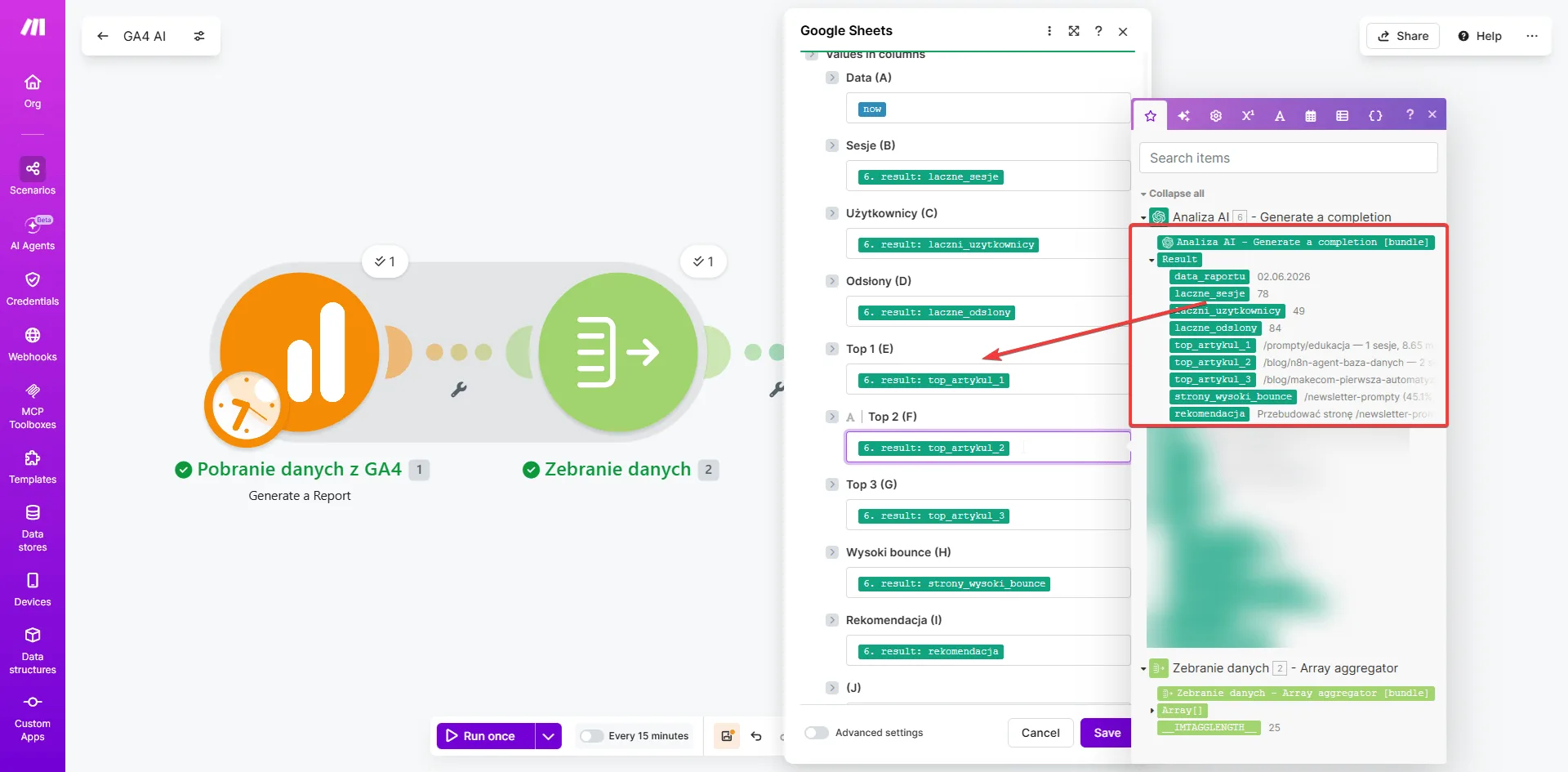 Make.com - moduł Google Sheets Add a Row z zmapowanymi polami JSON na kolumny arkusza: data_raportu, laczne_sesje, laczni_uzytkownicy, top artykuły, strony_wysoki_bounce, rekomendacja