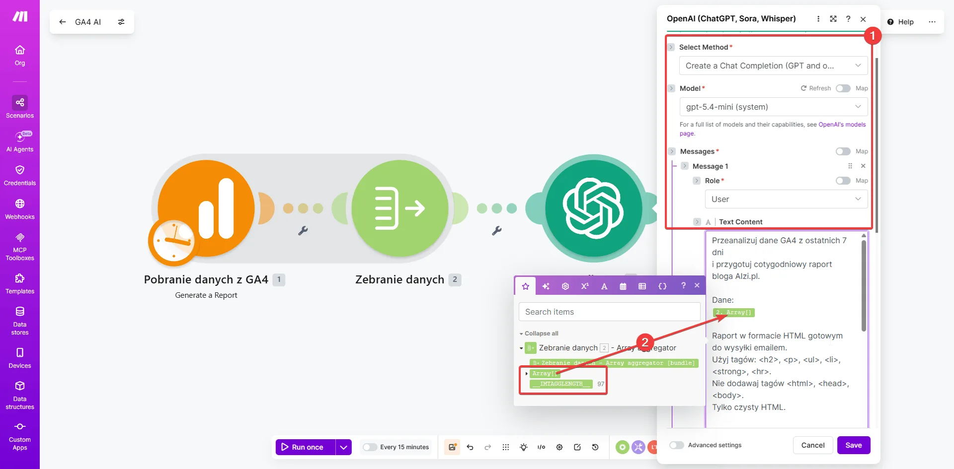 Make.com - moduł OpenAI Create a Chat Completion: model gpt-5.4-mini, Role User, Text Content z promptem HTML i zmienną 2.Array podświetloną w variable pickerze