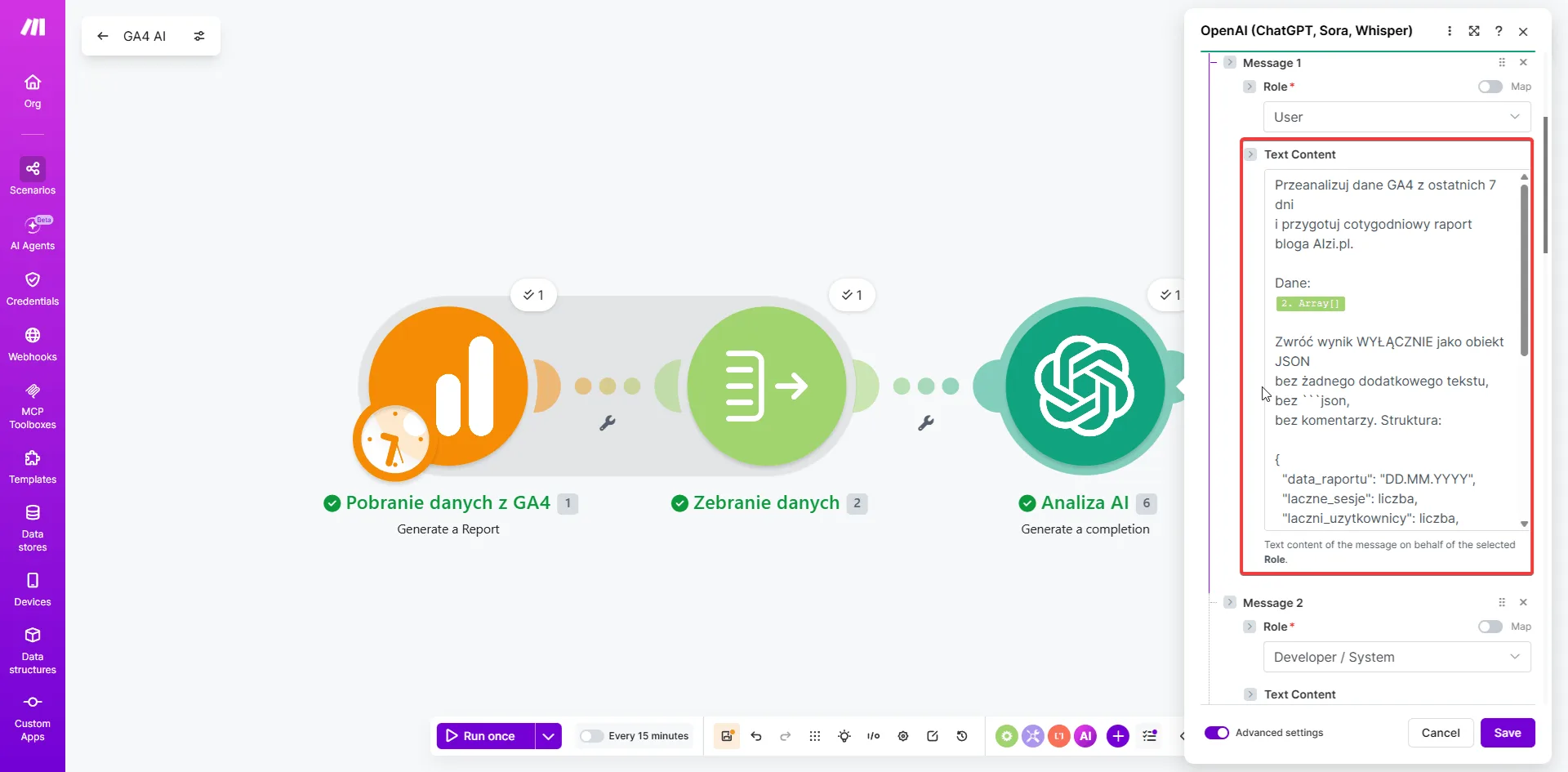 Make.com - moduł OpenAI z promptem JSON dla Google Sheets, widoczna zmienna 2.Array i treść promptu z instrukcją zwrotu czystego JSON