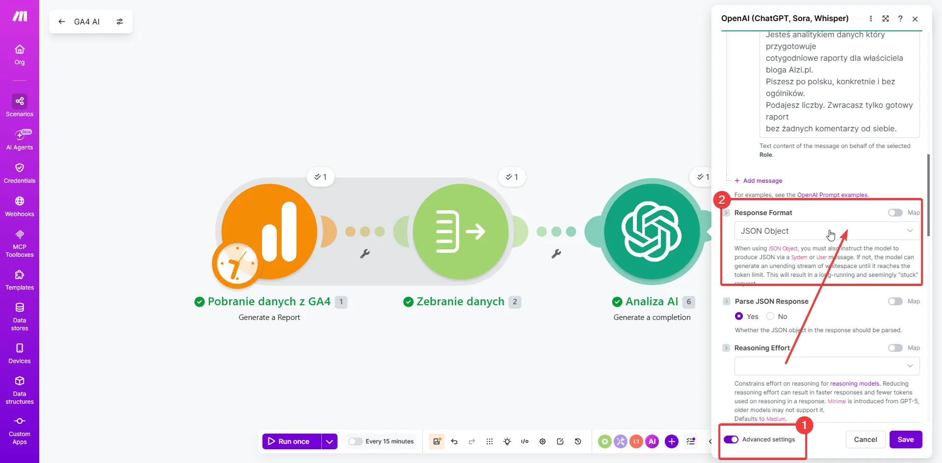 Make.com - ustawienia zaawansowane modułu OpenAI: Response Format ustawiony na JSON Object, Force JSON Response włączony