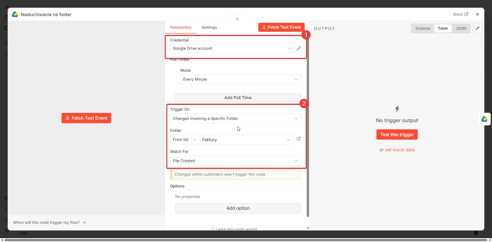 Konfiguracja węzła Google Drive Trigger — folder Faktury, nasłuchiwanie na nowe pliki
