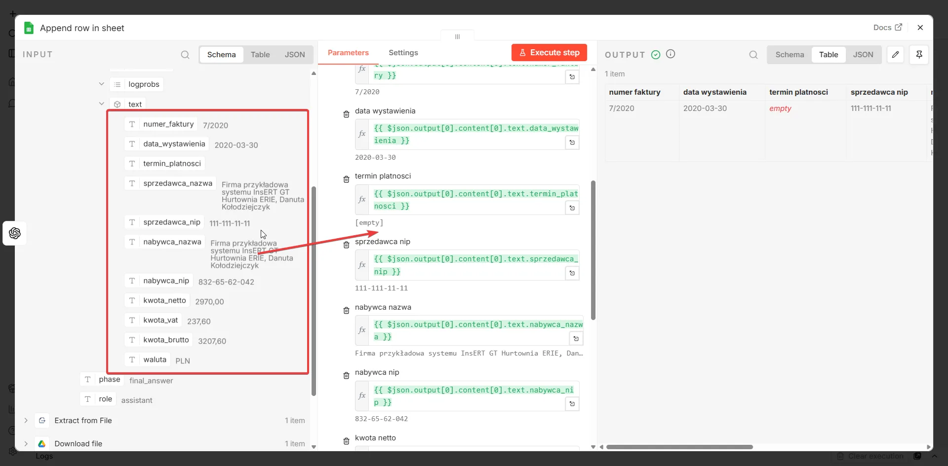 Mapowanie pól faktury na kolumny Google Sheets — wszystkie 10 pól z odpowiedzi GPT