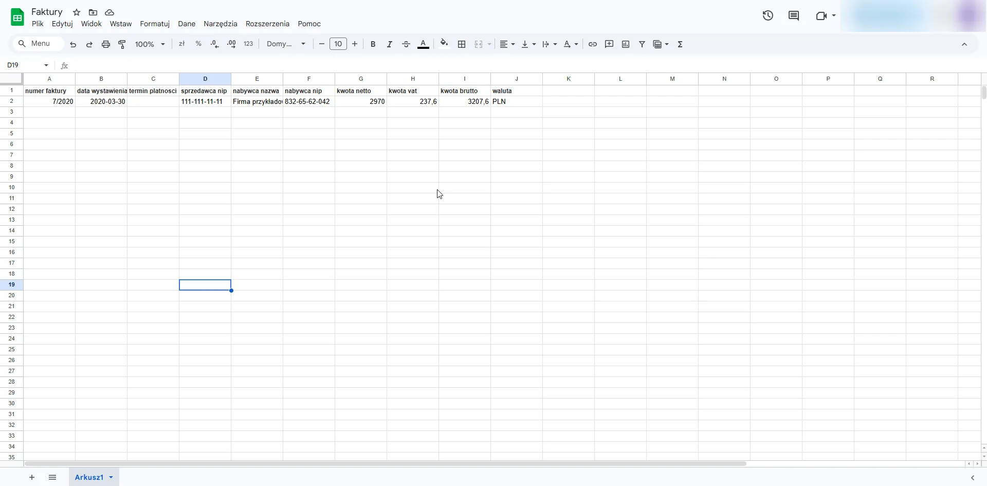 Wynik automatyzacji faktur — dane testowej faktury zapisane automatycznie w Google Sheets
