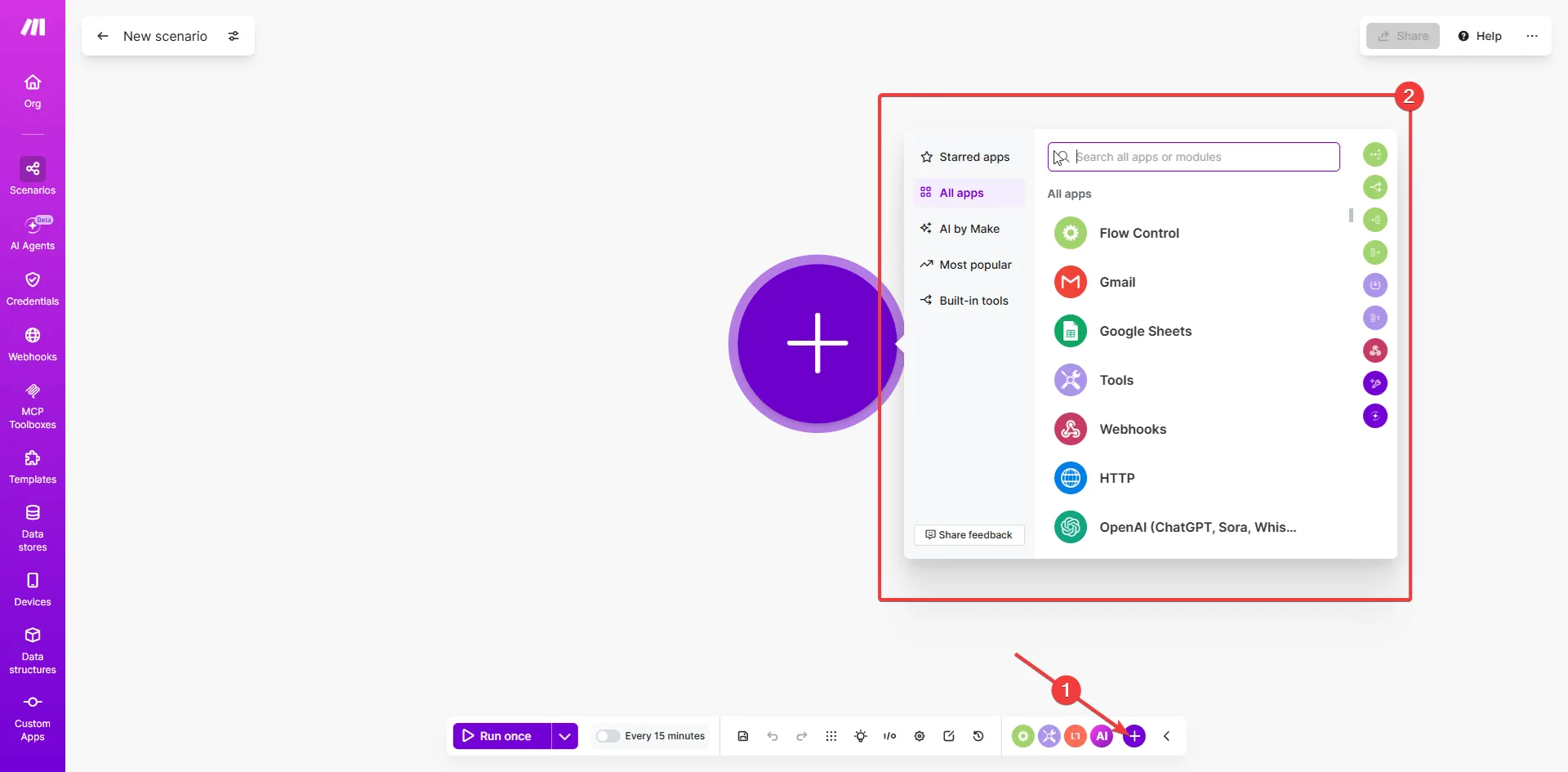 Make.com — pusty kanvas nowego scenariusza z otwartym menu wyboru aplikacji: Gmail, Google Sheets, Webhooks, OpenAI i ponad 3000 innych