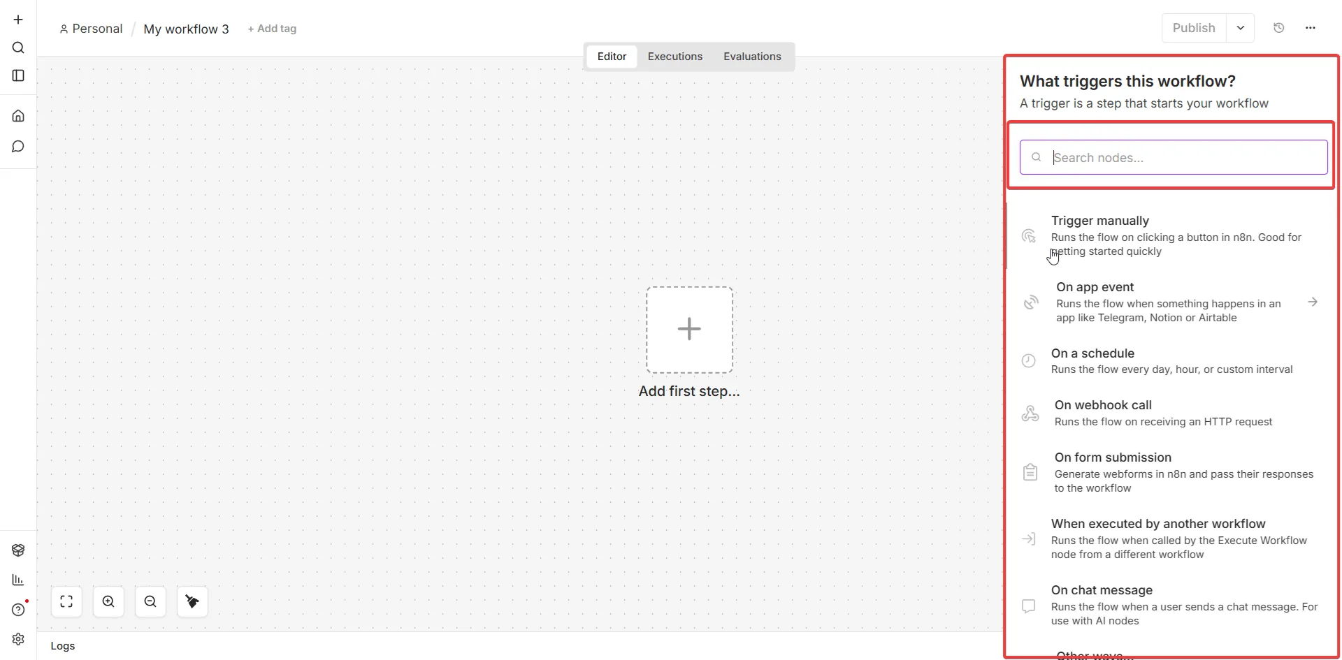n8n — panel wyboru triggera przy tworzeniu nowego workflow: Trigger manually, On app event, On a schedule, On webhook call, On form submission, On chat message