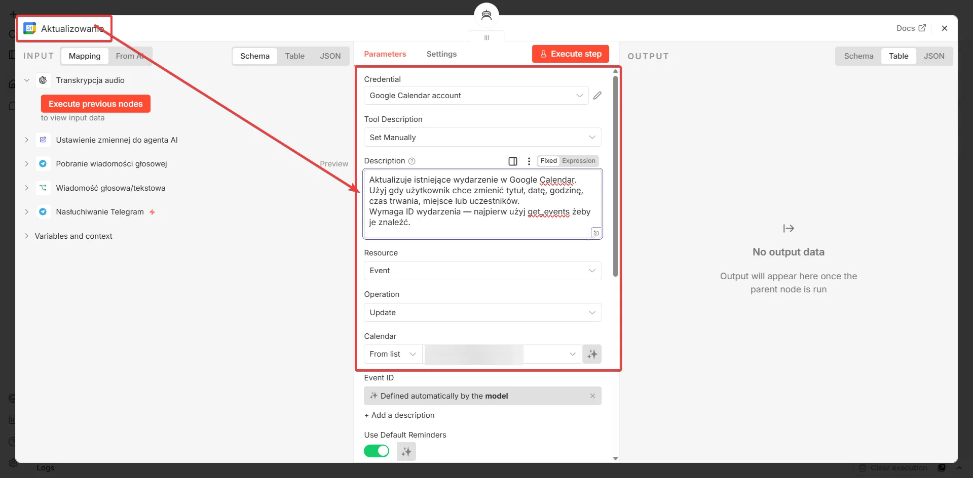 Aktualizowanie wydarzeń Google Calendar — konfiguracja węzła Update w n8n