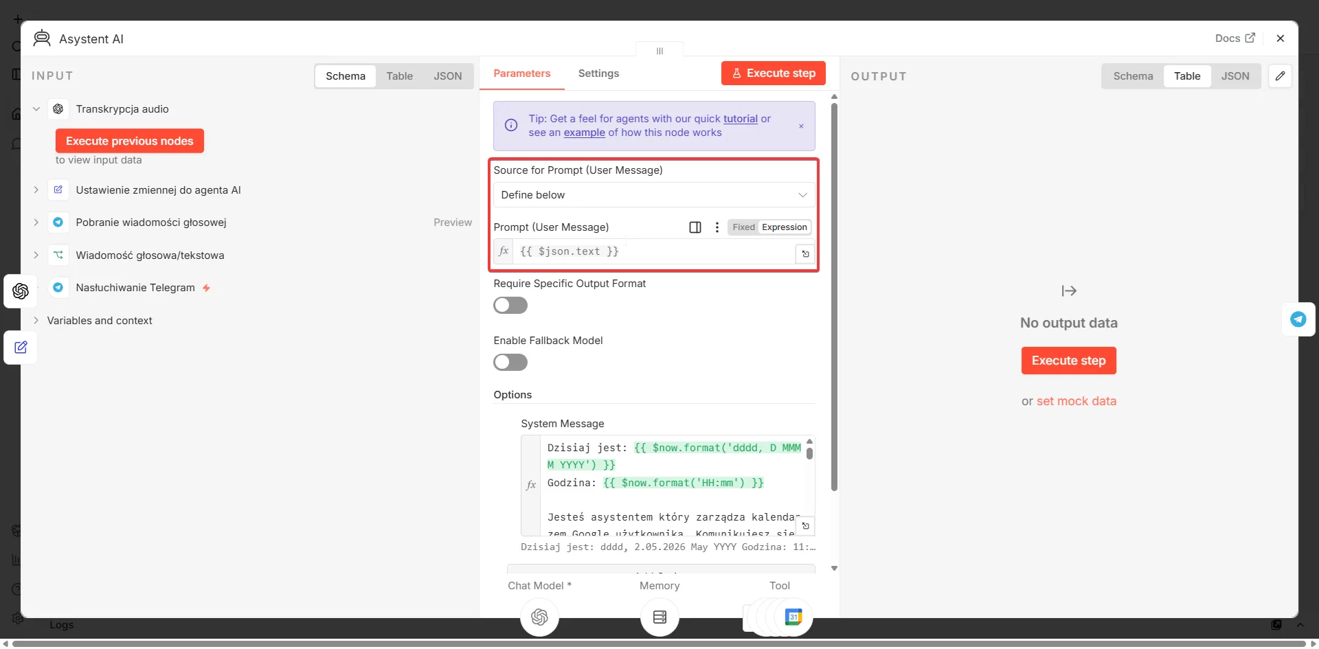 Asystent AI — konfiguracja węzła AI Agent z system message w n8n