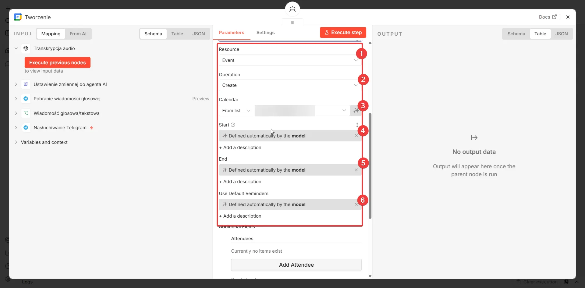 Tworzenie wydarzeń Google Calendar — parametry węzła narzędzia w n8n