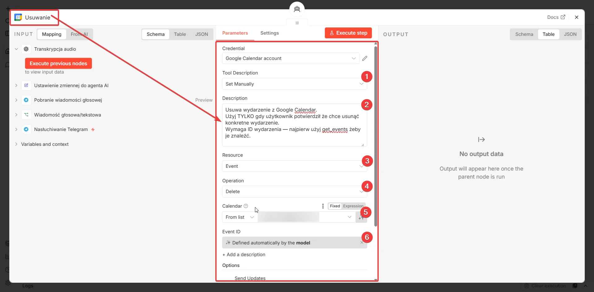Usuwanie wydarzeń Google Calendar — konfiguracja węzła Delete w n8n