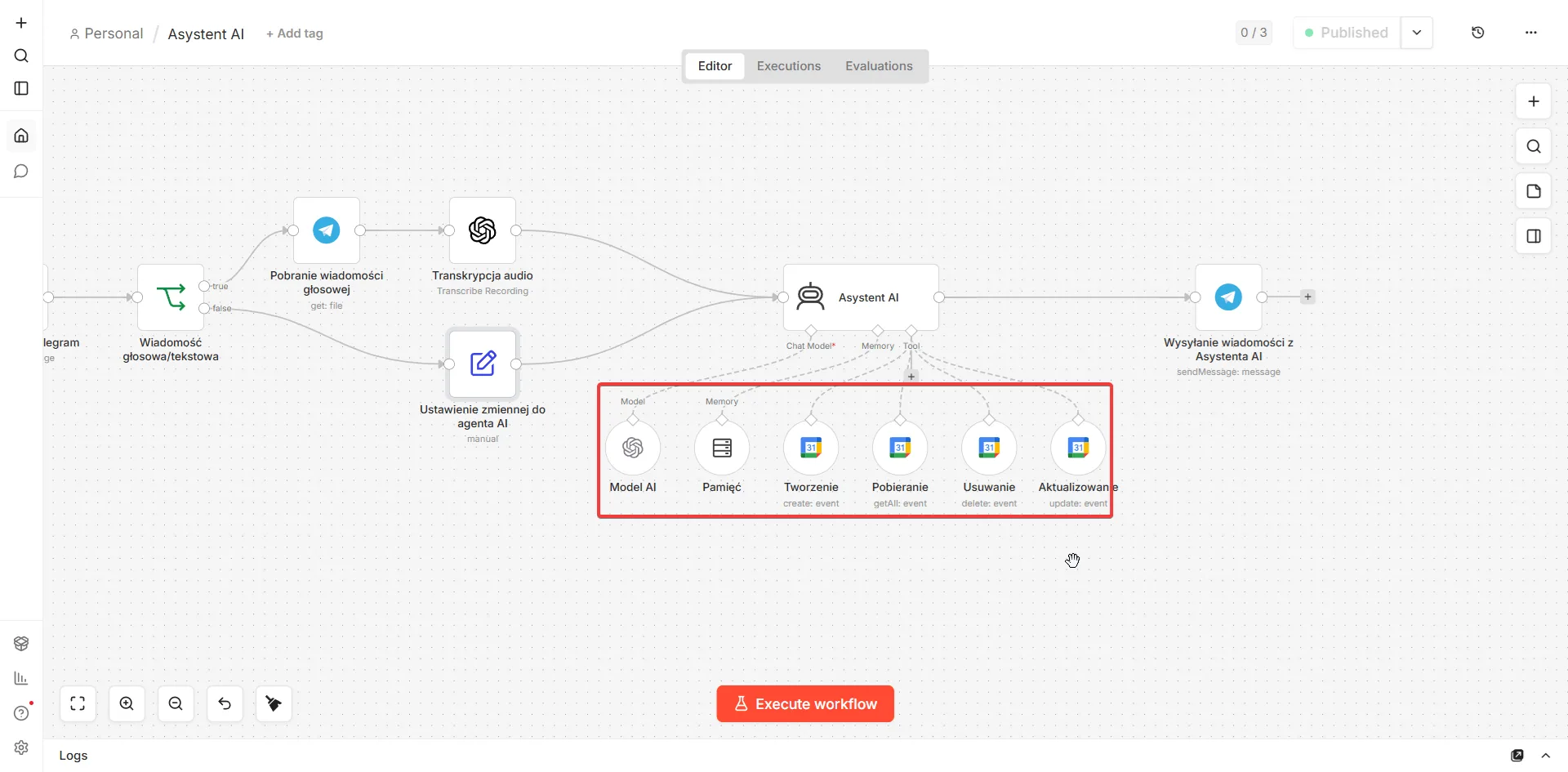 Workflow z narzędziami Google Calendar podpiętymi do agenta AI