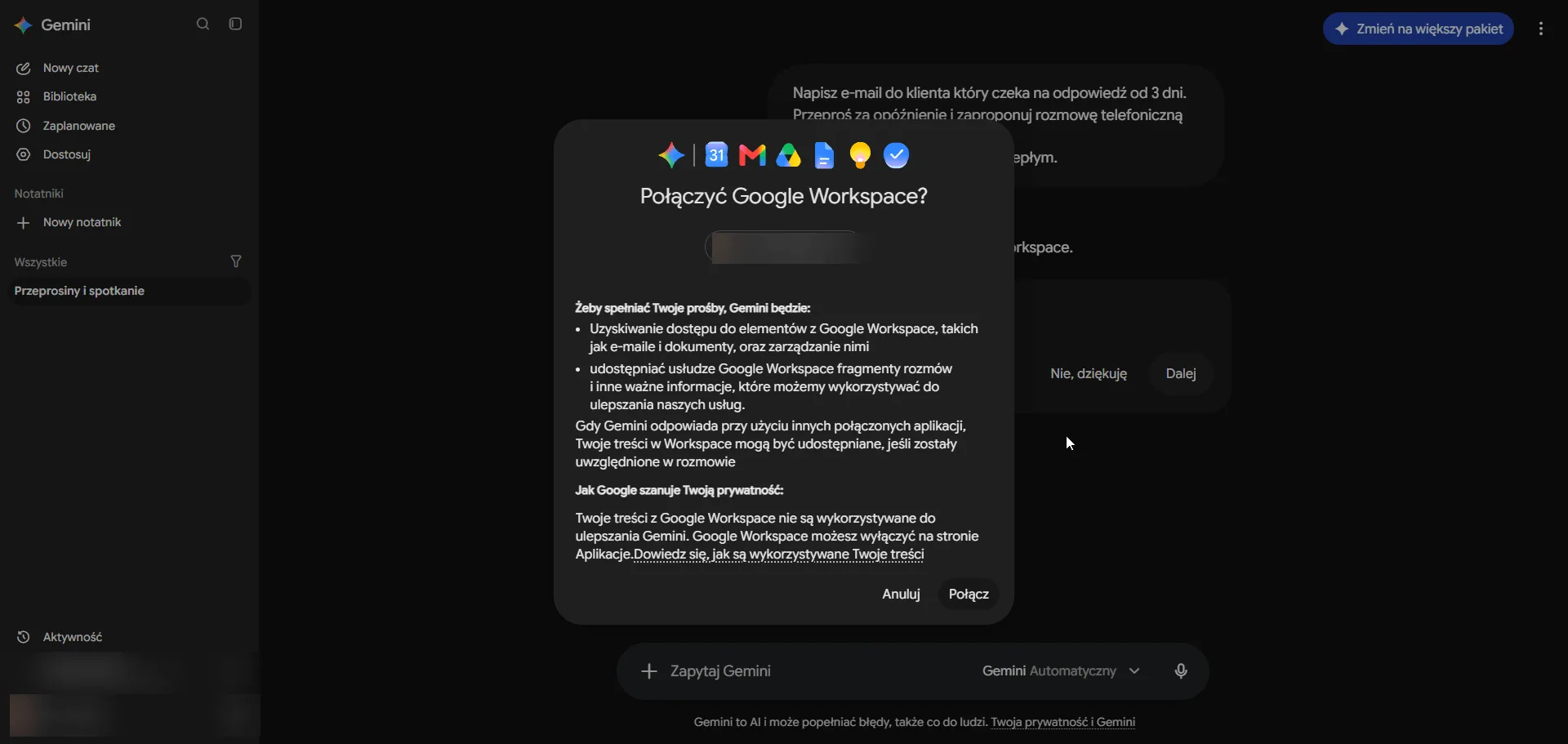 Okno „Połączyć Google Workspace?” w Gemini - opis dostępu do e-maili i dokumentów oraz informacja o prywatności, przyciski Anuluj i Połącz