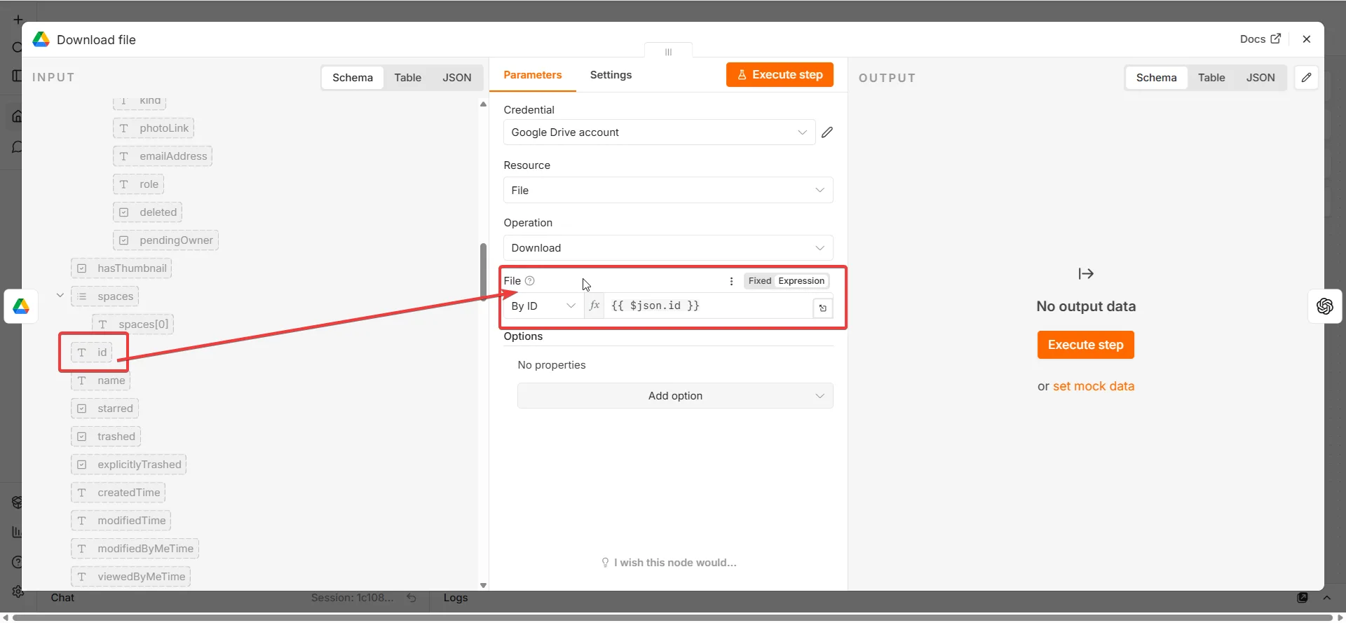 n8n Download file - pobieranie pliku z Google Drive po ID, połączenie z Google Drive Trigger przez $json.id