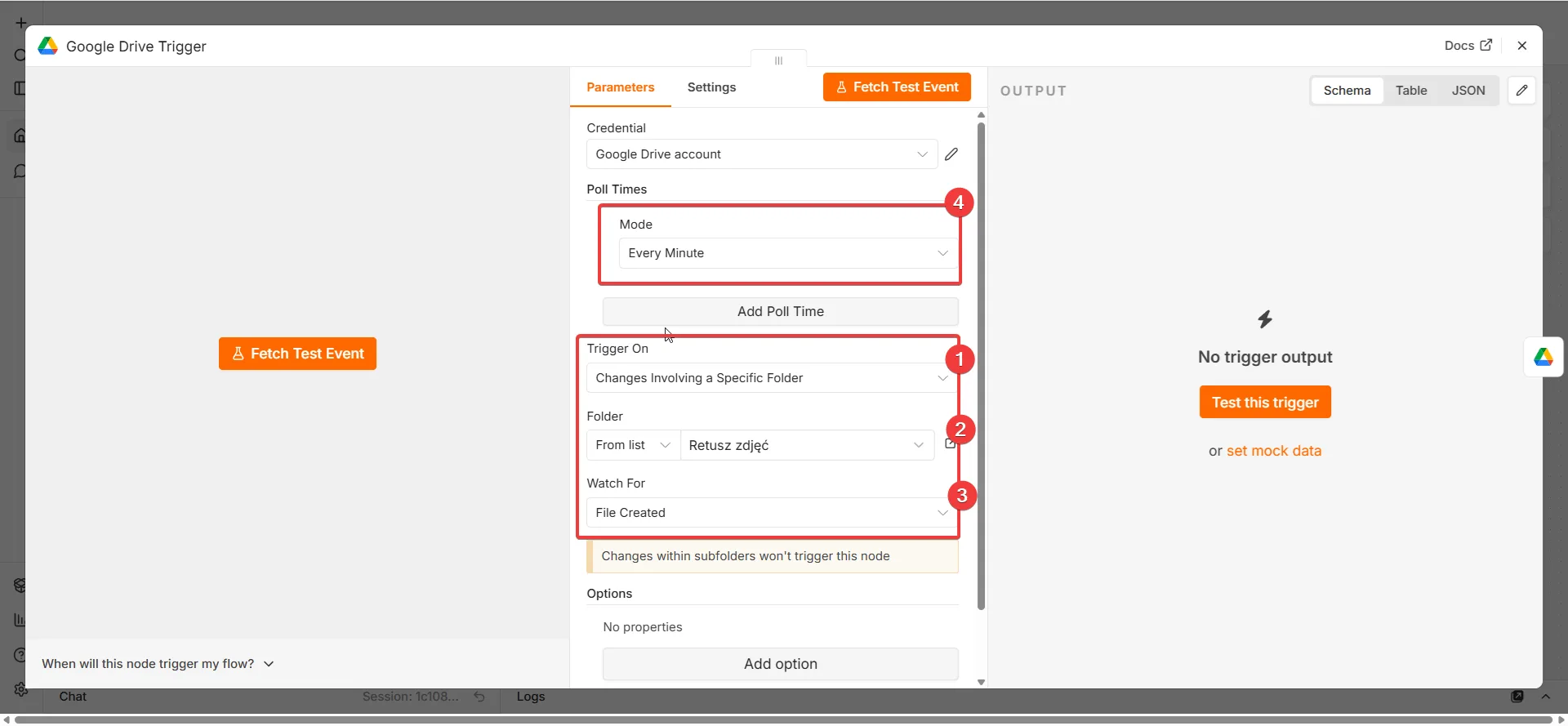 n8n Google Drive Trigger - konfiguracja monitorowania folderu 