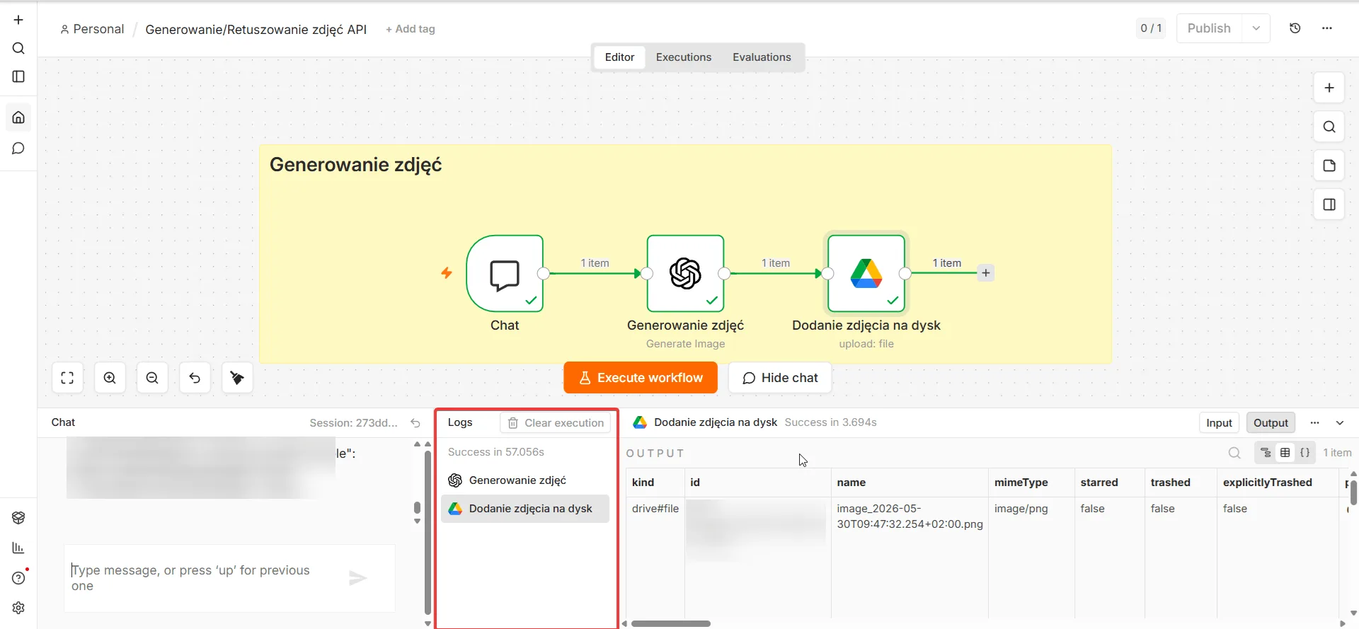 n8n - widok wykonanego workflow generowania zdjęć, zielone statusy wszystkich węzłów, plik zapisany na Google Drive