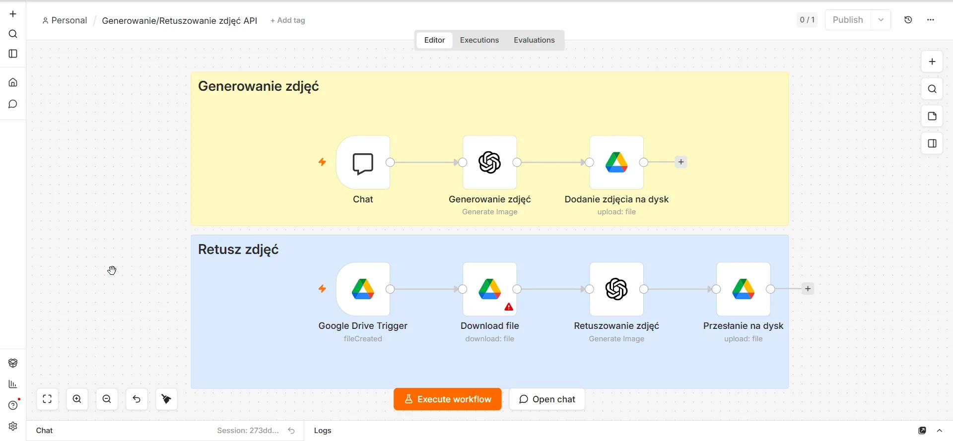 Przegląd obu workflow n8n - górny: Generowanie zdjęć (Chat → OpenAI → Google Drive), dolny: Retusz zdjęć (Google Drive Trigger → Download → OpenAI → Google Drive)