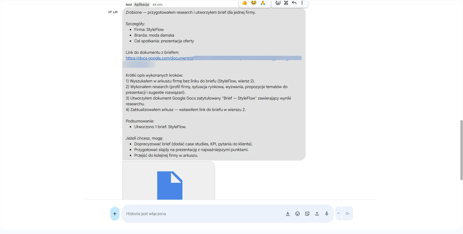 Odpowiedź agenta AI na Google Chat — podsumowanie z firmą StyleFlow, linkiem do briefu i listą wykonanych kroków